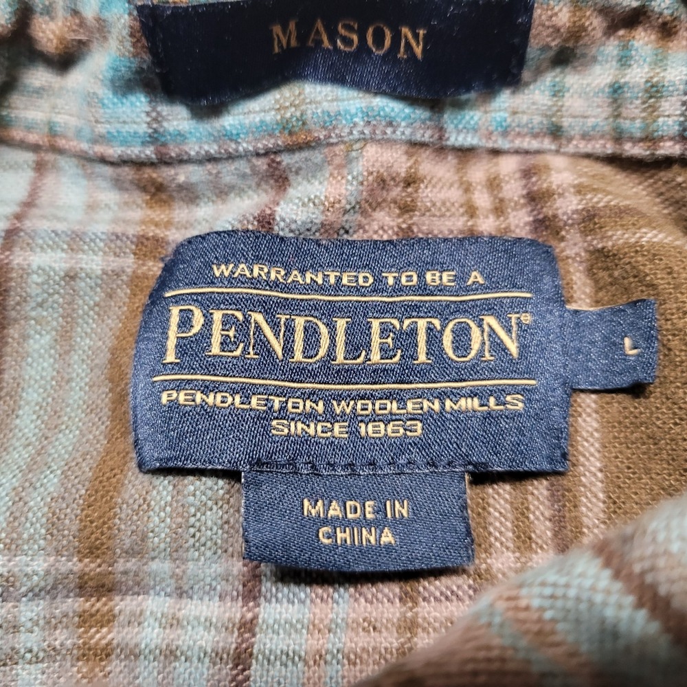 Pendleton Shirt Men Large Brown Blue Plaid Button Down Long Sleeve Hiking Mason - Picture 9 of 15
